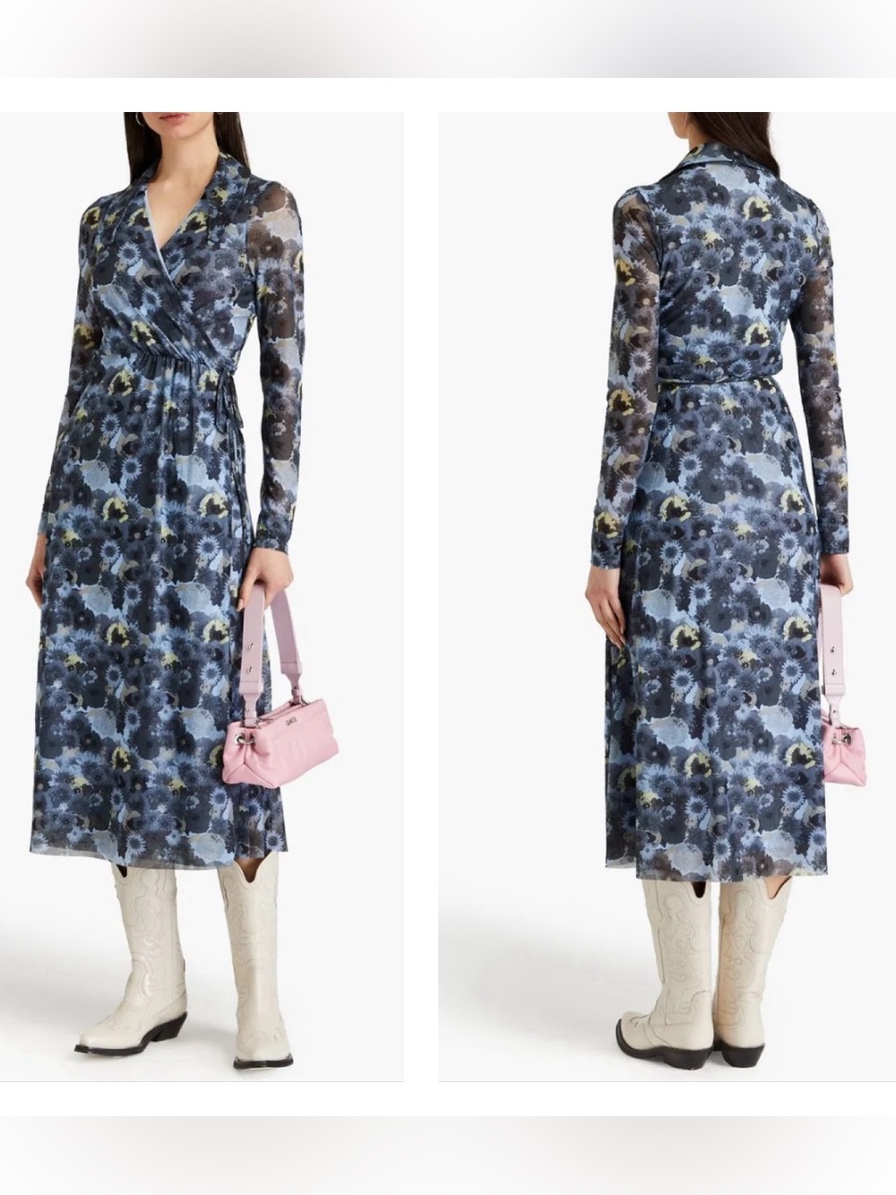 GANNI Floral-Print Mesh Midi Wrap Dress